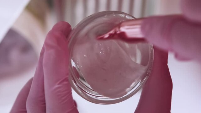 Vertical video. Alginate mask mixing. Beauty treatment. Unrecognizable beautician woman hands in pink protective latex gloves preparing cosmetic ingredient in transparent bowl.