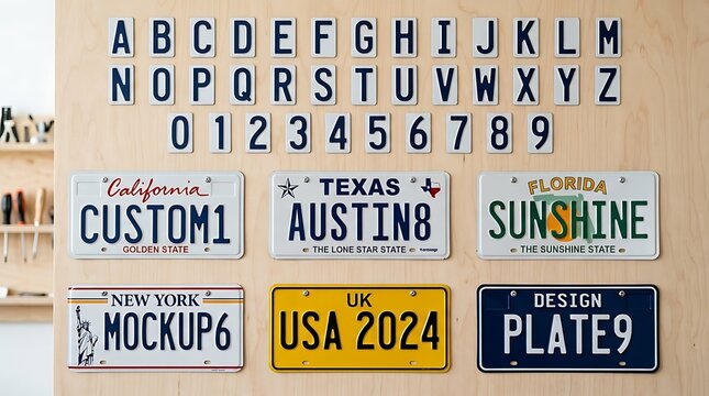 An assortment of colorful metallic vehicle identification markers displayed on a wooden surface showcase diverse regional typography and alphanumeric character sets for custom automotive
