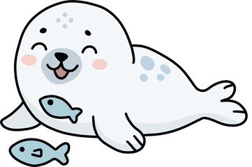 Naklejka premium Cute baby harp seal with fish character vector illustration isolated on transparent background