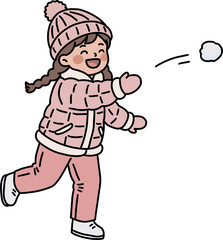 Cute little girl playing with snowball in winter clothing vector illustration