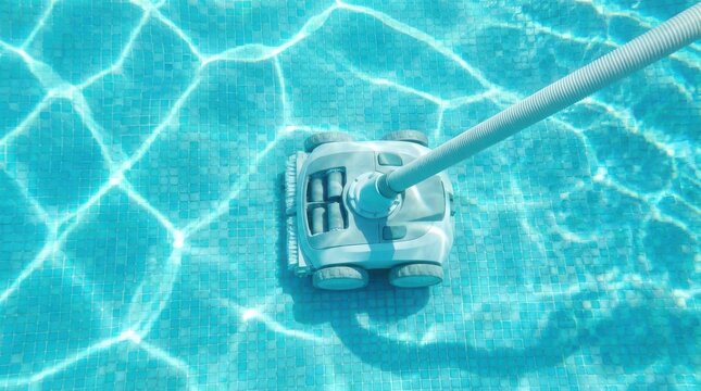 Automatic pool cleaner removing debris from bottom of a blue tiled swimming pool, underwater view.