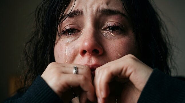 An intensely emotional portrayal captures a young woman's profound sorrow as tears stream down her face, her hands clasped in anguish, revealing deep human vulnerability and inner turmoil