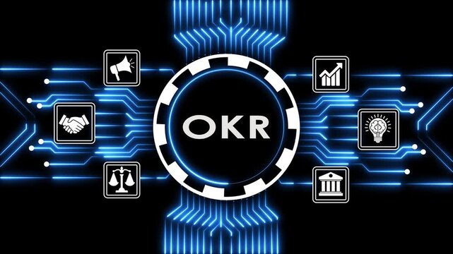 Okr objectives and key results concept digital dashboard with glowing blue circuit.