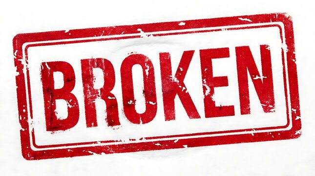 A distressed red rubber stamp displaying the text BROKEN conveys a sense of mechanical failure or damaged status for business communication purposes that need to highlight significant product