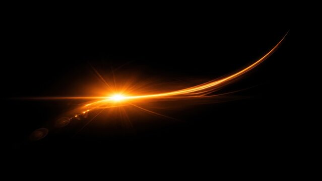 Abstract glowing golden light effect with a smooth curved trail isolated on a deep black background for design