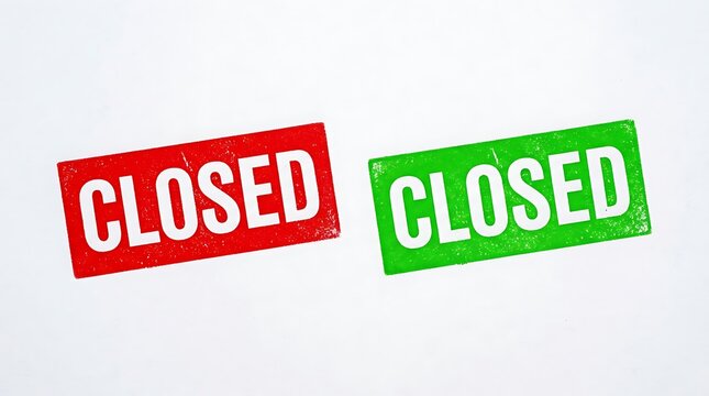 Vibrant red and green rubber stamps display the word closed to effectively indicate the current status of business operations for customers seeking information about shop availability