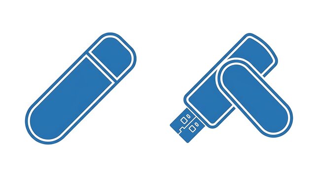 Two distinct visual representations of a digital storage device, one fully enclosed and the other partially extended, showcasing its functional form for data transfer and portable memory