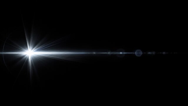 A bright horizontal light effect with lens flare isolated on a deep black background for graphic design projects