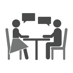 Fototapeta premium Man and woman sitting at a table having a conversation with speech bubbles icon sign