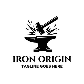 Classic metalworking emblem featuring a hammer striking an anvil with stylized geometric sparks.