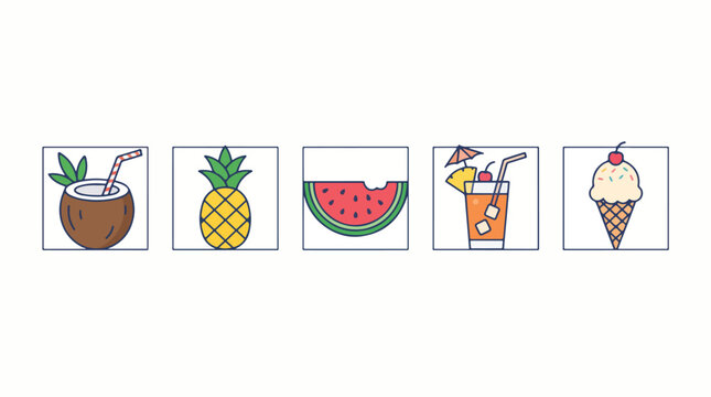 Tropical fruit and cocktail icons set on vibrant background. Vector illustration of exotic drinks and fresh produce for branding and design.