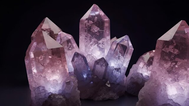 Cluster of purple and pink amethyst crystals on a dark background