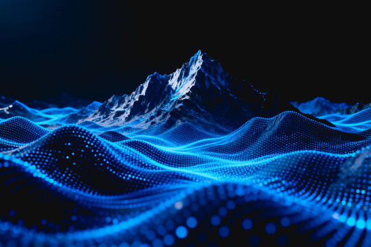 A futuristic digital landscape depicting mountain terrain with glowing blue particle waves, blending natural topography with technological aesthetics.