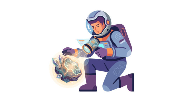 Planetary geologist astronaut examining crystal asteroid rock with scanning device scientific discovery flat design vector illustration
