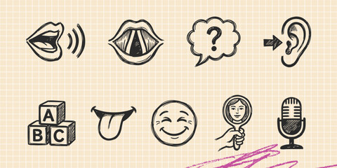 Fototapeta premium Hand drawn vintage black ink scribble doodle vector set of emoticons facial expressions and emotions icons for creative graphic design