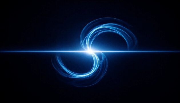 Abstract blue glowing light effect with swirling energy waves and horizontal lens flare on a dark background