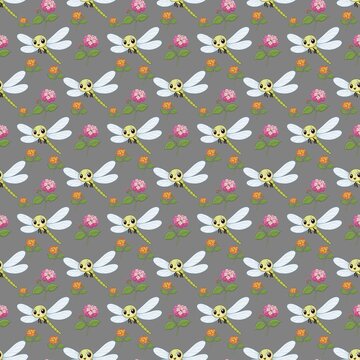 Cute Dragonfly with Colorful Lantana Flowers Seamless Pattern Hand Drawn Watercolor Illustration
