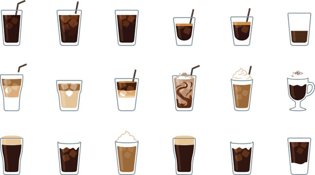 Detailed menu list of various iced coffee beverages with descriptive labels including lattes and cold brew drinks