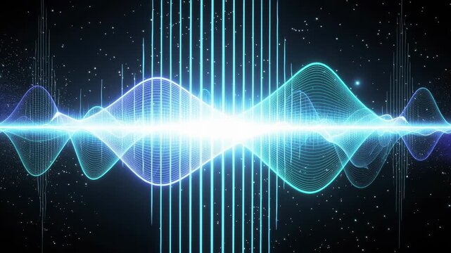 Abstract glowing sound wave with blue light lines and particles on dark background for music and technology