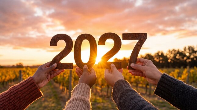 Group of people raising rusty 2027 numbers at sunrise