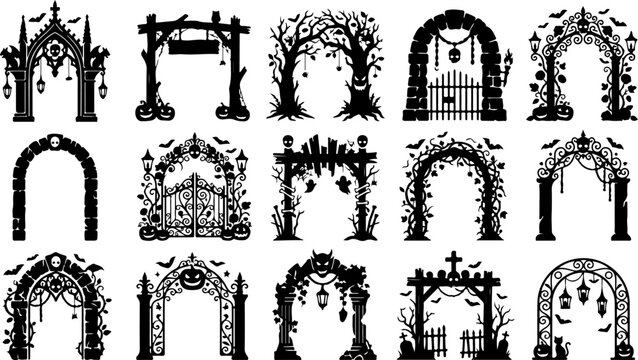 Set of halloween arches and gates silhouettes for spooky party decor vector illustration