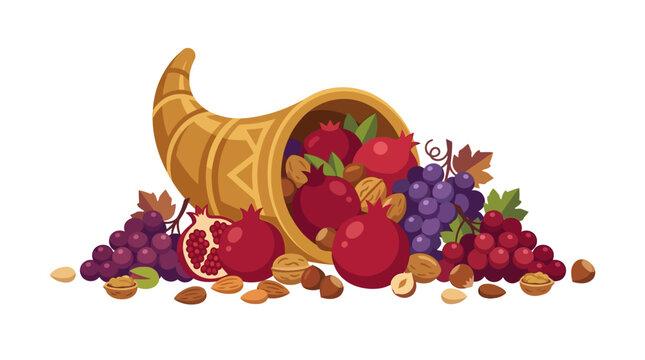 Traditional cornucopia overflowing with pomegranates grapes and nuts celebrating autumn harvest flat vector illustration.