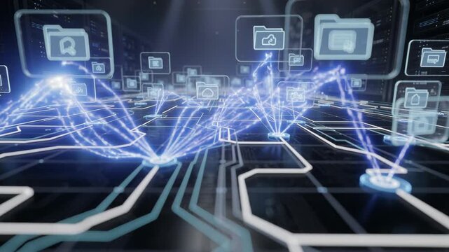 Digital data transfer network with glowing file icons and futuristic technology connections