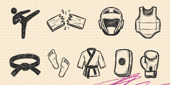 Hand drawn vintage black ink scribble doodle vector set of martial arts karate judo and fighting icons for creative graphic design