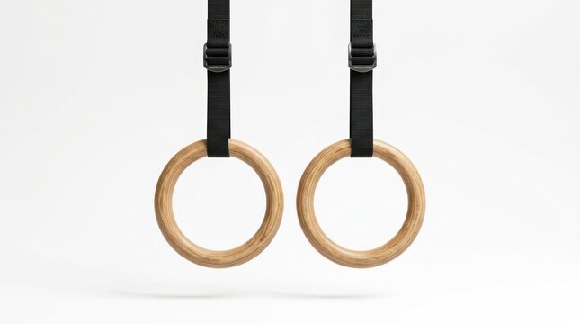 Wooden gymnastic rings with black straps for fitness training on white background