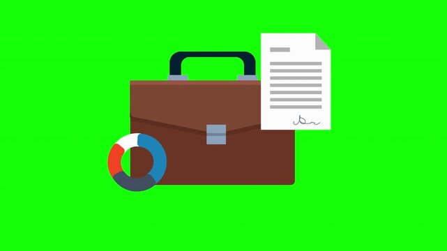 Business Briefcase with Contract Document and Analytics Chart Flat Vector Animation