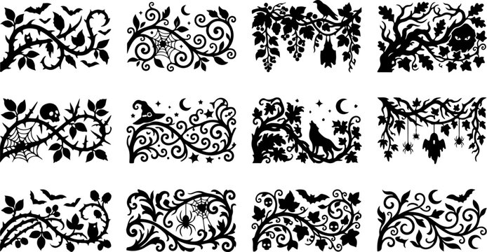 Set of halloween decorative borders with spooky elements and floral swirls vector illustration