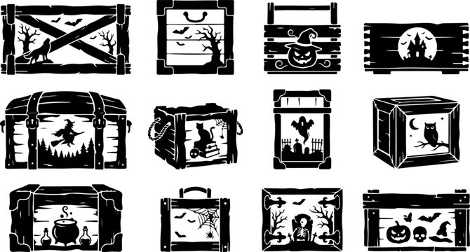 Set of halloween themed wooden crates and boxes with spooky illustrations vector illustration
