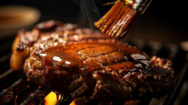 Juicy grilled steak being brushed with flavorful barbecue sauce on a hot grill with smoke rising