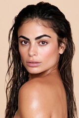 Natural Beauty Portrait of Woman with Wet Hair Against Neutral Background