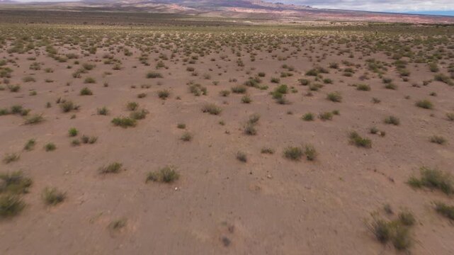Low drone reveal above desert shrubs near Recta del Tin Tin landscape, aerial dolly to mountains