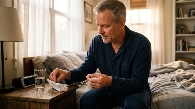 Middle-aged man in softly lit bedroom opening white pillbox on nightstand, taking medication with glass of water beside rumpled bed sheets