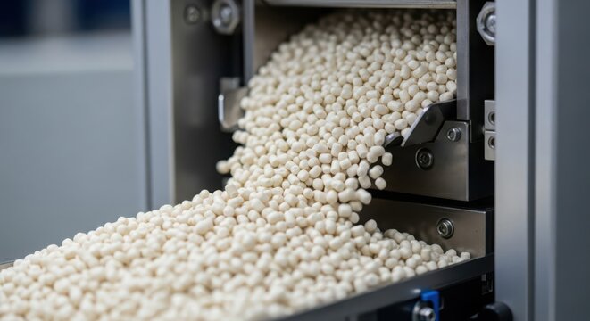 Abundant polymer pellets in a manufacturing line, showcasing industrial production and material processing