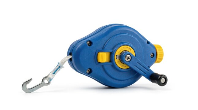 Blue manual hand crank winch with hook on white background