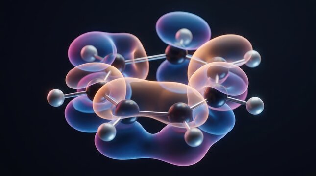 Abstract visualization of molecular orbital distribution and atomic structure