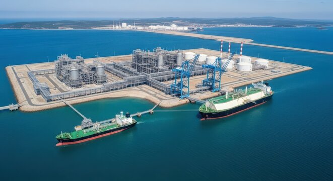 Aerial view of a massive liquefied natural gas LNG terminal facility with ships docked at port and industrial infrastructure