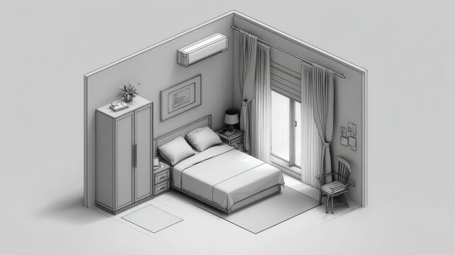 17.Isometric Master Bedroom 3D render design element, including a bedroom, a bed, two bedside table, a wardrobe, a chair, a curtain, a roller blind, and a wall mounted air conditioner