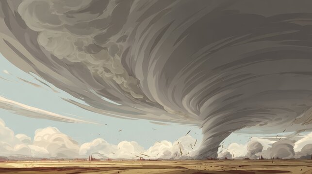 27.Swirling animated tornado funnel moving across landscape, wide rotating cloud base, curved lines showing rapid spin, scattered debris and wind streaks, moody dark sky with patches of light,