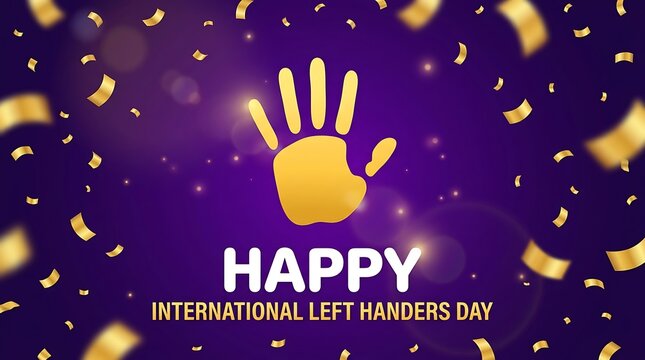 Happy International Left Handers Day greeting, golden handprint silhouette on purple background, festive celebration banner with gold confetti