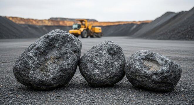 Close-up of Rich Iron Ore Rocks in a Mining Quarry with Heavy Machinery in Background