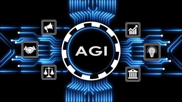 Digital circuit board with glowing lines around central circle showing AGI concept.