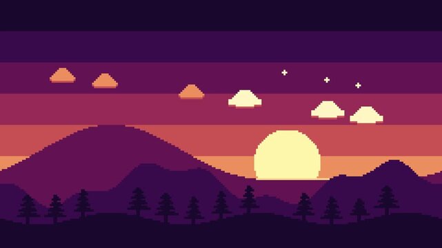 Pixel art mountain landscape at sunset with pine forest silhouettes and starry purple sky scenery