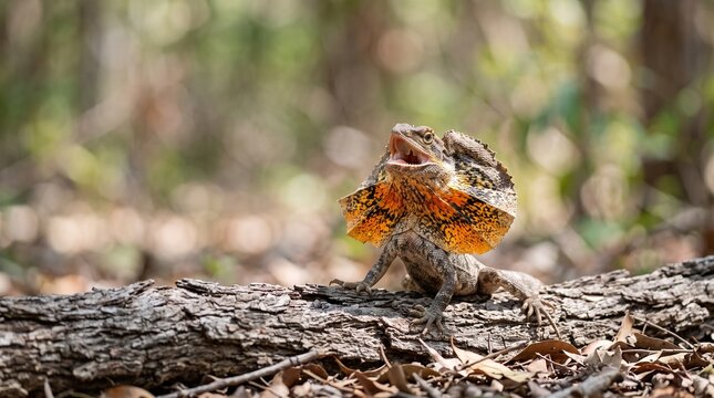 Wild Frilled Lizard Standing Alert on Forest Ground Close Up
