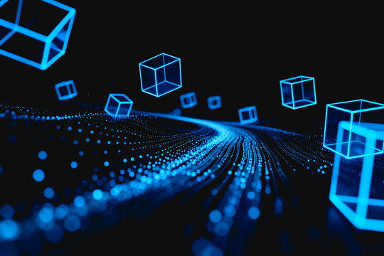 3D rendered neon wireframe cubes float above glowing digital data waves, representing blockchain and virtual network concepts in a futuristic cyber environment.