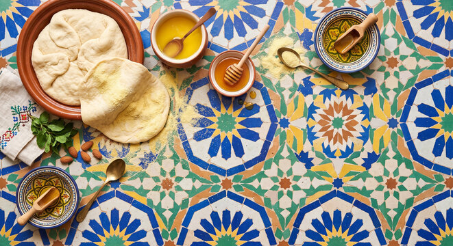 Creative top view of Moroccan Msemen flatbread ingredients on Riad mosaic
