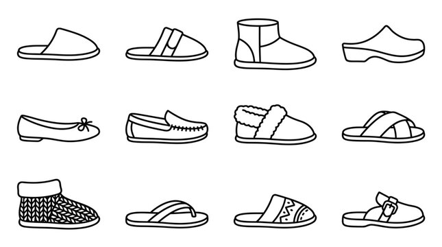 Collection of footwear styles including slippers and sandals
